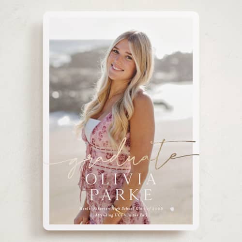 This is a snow graduation announcements with foil pressed by Sarah Curry called graduate script printing on recycled smooth signature in grand