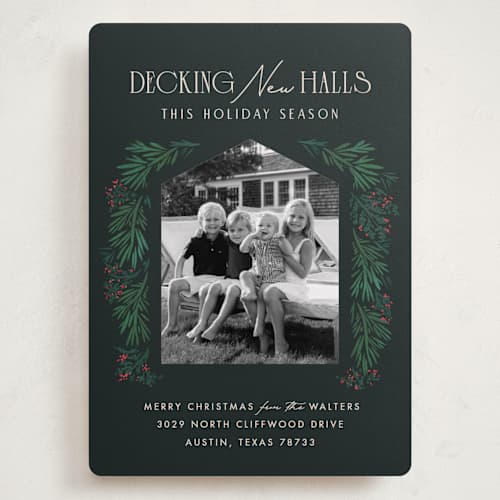 This is a midnight forest holiday photo cards with standard by Julie Murray called decking new halls printing on recycled smooth signature in grand
