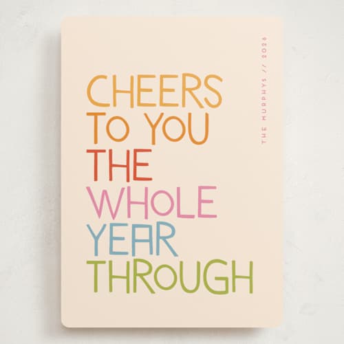 This is a rainbow holiday photo cards with standard by Snow and Ivy called love and cheer printing on signature in grand