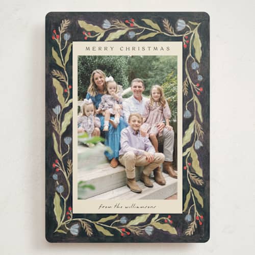 This is a midnight holiday photo cards with standard by Amy Kross called verdant printing on signature in grand