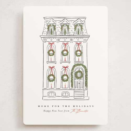 This is a snowfall holiday photo cards with standard by Susan Zinader called home for the holidays printing on signature in grand