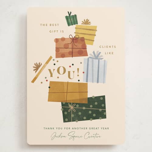 This is a cream holiday photo cards with standard by Robert and Stella called gift of gratitude printing on signature in grand