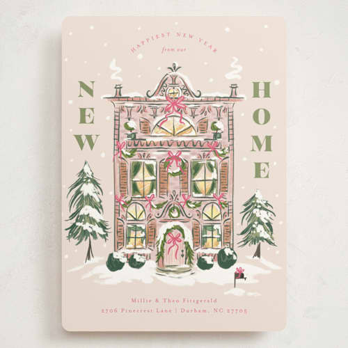 This is a flamingo holiday photo cards with standard by Jackie Crawford called new home holiday house printing on signature in grand