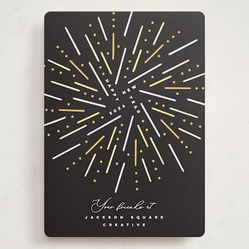 This is a midnight holiday photo cards with standard by Owl and Toad called fireworks printing on signature in grand