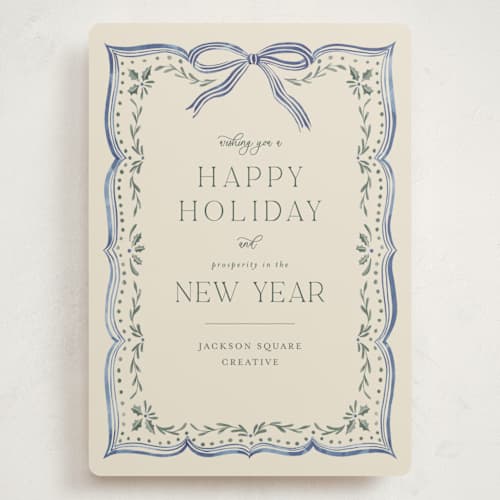 This is a saphire holiday photo cards with standard by Chris Griffith called ribbon stripe holiday printing on signature in grand