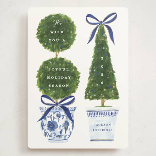 This is a harbor holiday photo cards with standard by Susan Zinader called festive topiaries printing on signature in grand