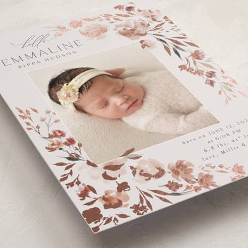 This is a rose foil stamped birth announcements with foil pressed by Nicoletta Savod called grace printing on recycled smooth signature in petite