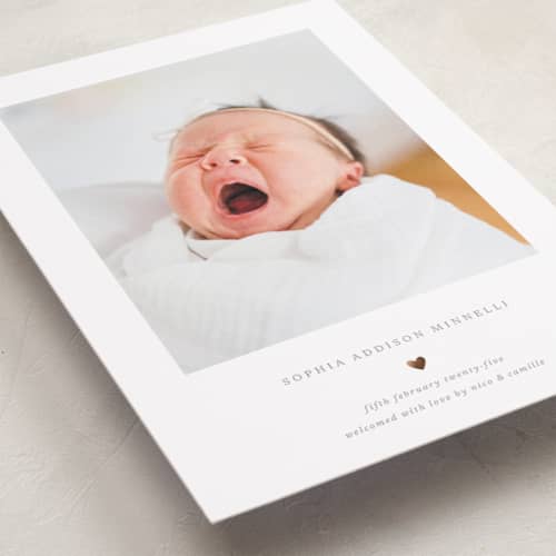 This is a charcoal foil stamped birth announcements with foil pressed by Blustery August called heart printing on recycled smooth signature in petite