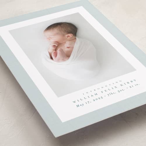 This is a powder petite birth announcements with standard by Lea Delaveris called linen frame printing on recycled smooth signature in petite