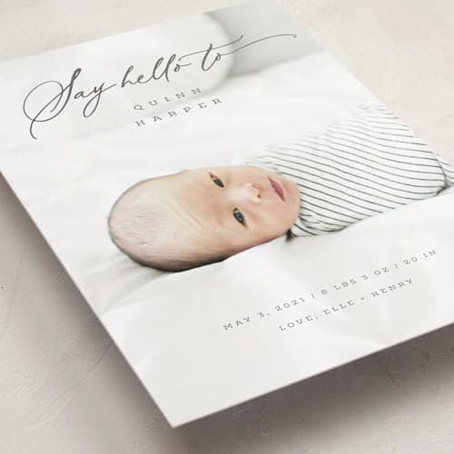 This is a shadow petite birth announcements with standard by fatfatin called say hello to printing on recycled smooth signature in petite