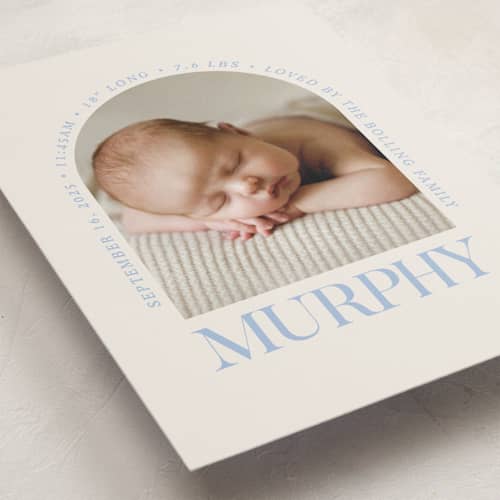 This is a bluebird day petite birth announcements with standard by Baumbirdy called type arch printing on recycled smooth signature in petite