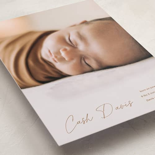 This is a rust petite birth announcements with standard by Stacey Meacham called swaddle printing on recycled smooth signature in petite