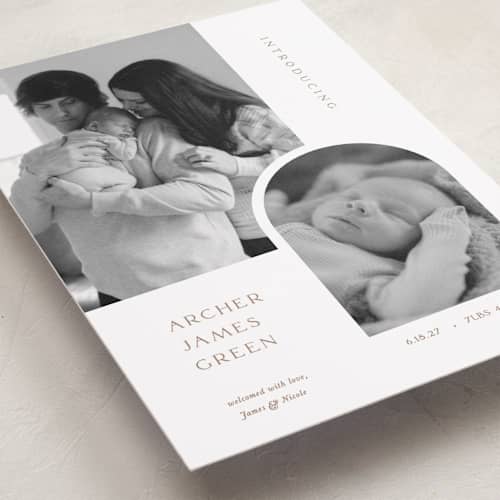 This is a cotton petite birth announcements with standard by Robin Ott called modern inset printing on recycled smooth signature in petite