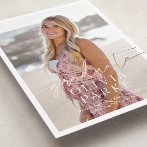 This is a snow graduation announcements with foil pressed by Sarah Curry called graduate script printing on recycled smooth signature in petite