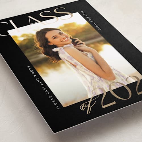 This is a licorice graduation announcements with foil pressed by Jessica Williams called scholarly surround printing on recycled smooth signature in petite
