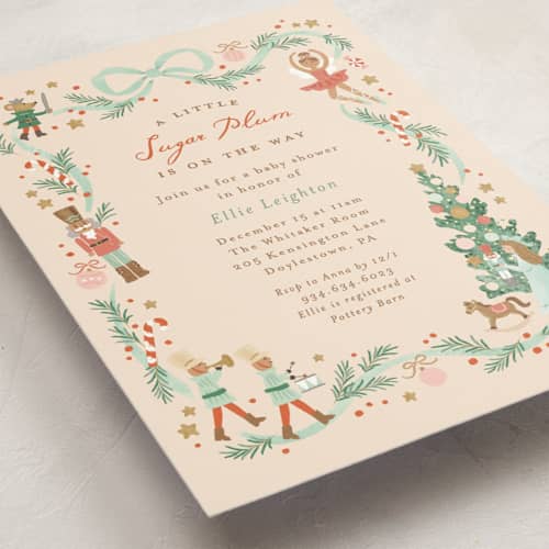 This is a cream baby shower postcards with standard by Jennifer Wick called little sugar plum printing on signature in postcard
