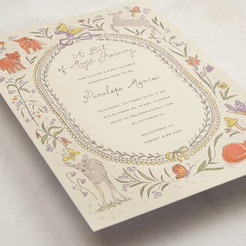 This is a linen baby shower postcards with standard by Vera Lim called woodland magic printing on signature in postcard