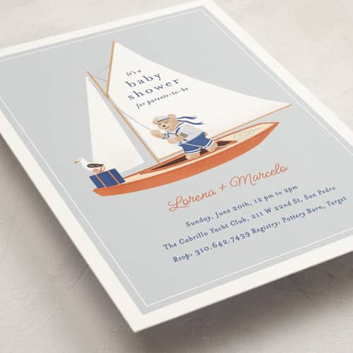 This is a sky baby shower postcards with standard by Becky Nimoy called sailor bear printing on signature in postcard