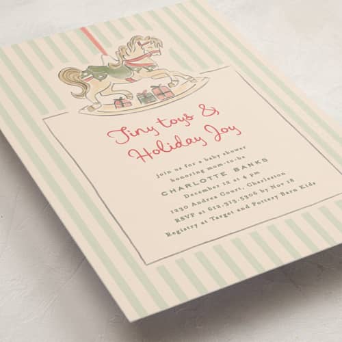 This is a peppermint baby shower postcards with standard by Creo Study called toys and joy printing on signature in postcard