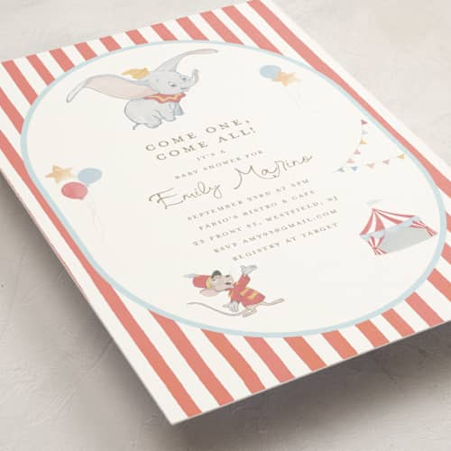 This is a pearl baby shower postcards with standard by Teju Reval called disney's dumbo come one come all printing on signature in postcard