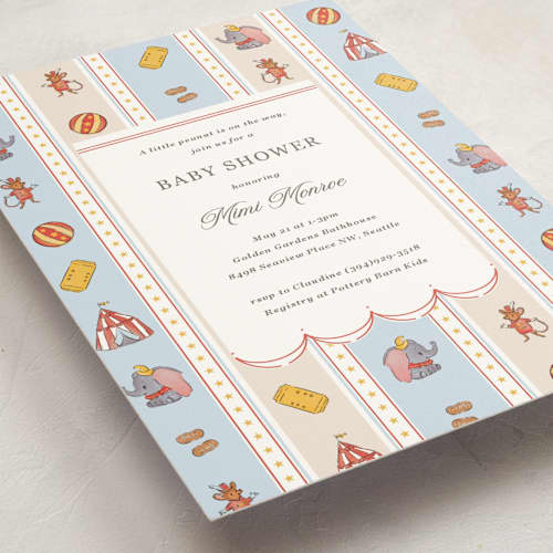 This is a elephant baby shower postcards with standard by Corinne Malesic called disney's dumbo circus printing on signature in postcard