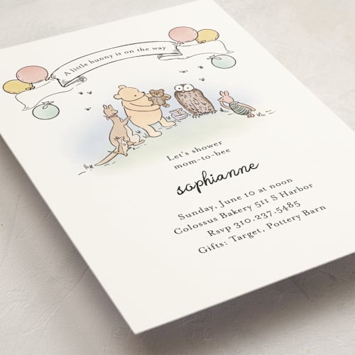 This is a powder baby shower postcards with standard by Becky Nimoy called disney's winnie the pooh mom to bee printing on signature in postcard