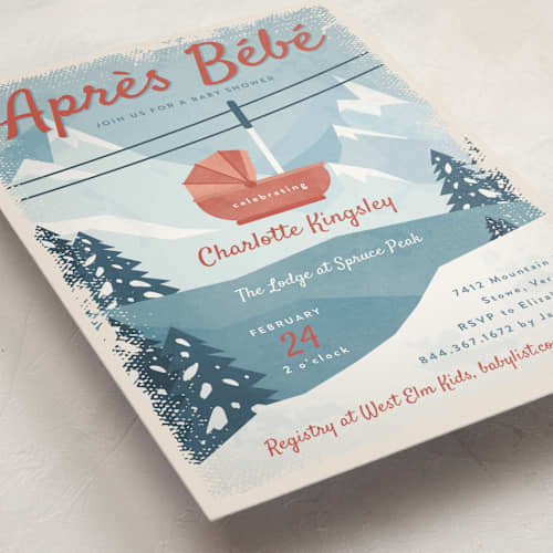 This is a apple baby shower postcards with standard by Heather Schertzer called bebe ski gondola printing on signature in postcard
