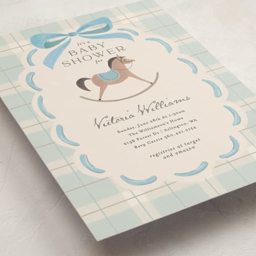 This is a sky baby shower postcards with standard by Karidy Walker called heirloom rocking horse printing on signature in postcard