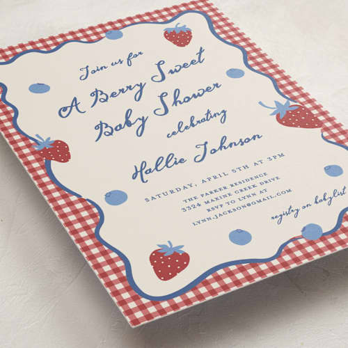 This is a barn baby shower postcards with standard by Kelly Watkins called so berry sweet printing on signature in postcard