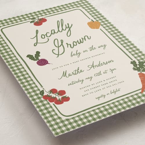This is a moss baby shower postcards with standard by Kelly Watkins called farmers market printing on signature in postcard