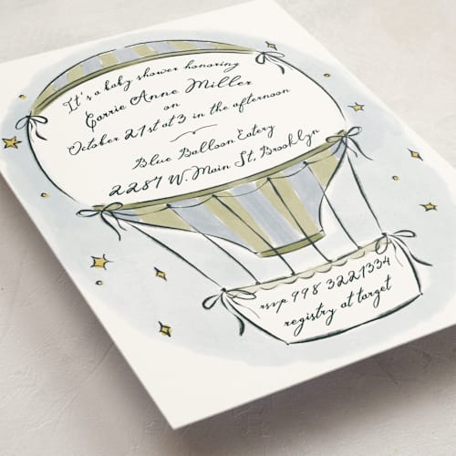 This is a grass baby shower postcards with standard by Pati Cascino called hot balloon printing on signature in postcard