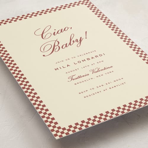 This is a burgundy baby shower postcards with standard by Ellen Schlegelmilch called ciao, baby! printing on signature in postcard