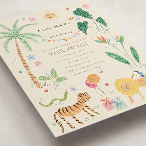 This is a linen baby shower postcards with standard by Celine Nguyen called a little wild one baby shower printing on signature in postcard