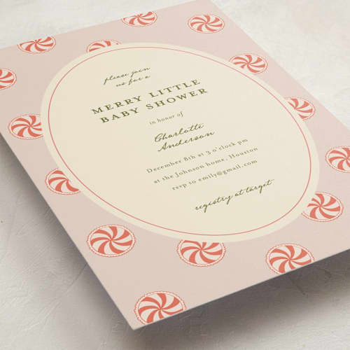 This is a peppermint baby shower postcards with standard by Stephanie Heinrich Godbout called peppermint printing on signature in postcard