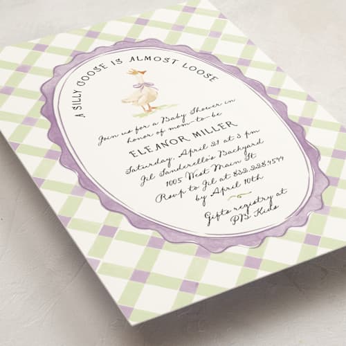 This is a berry baby shower postcards with standard by Pati Cascino called cute goose almost loose printing on signature in postcard