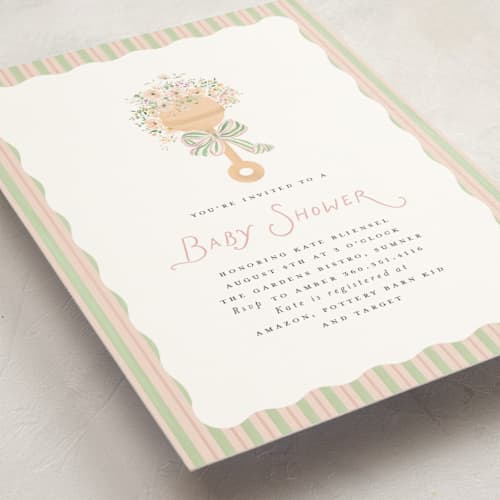 This is a blush baby shower postcards with standard by Itsy Belle Studio called floral rattle printing on signature in postcard