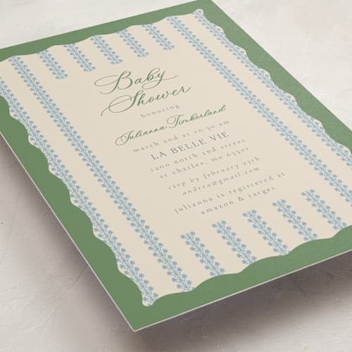This is a forest baby shower postcards with standard by Jen Owens called wavy stripe printing on signature in postcard