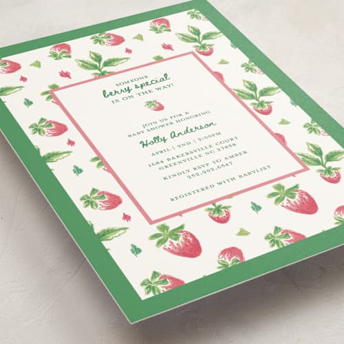This is a strawberry baby shower postcards with standard by Holton Art and Design called someone berry special printing on signature in postcard