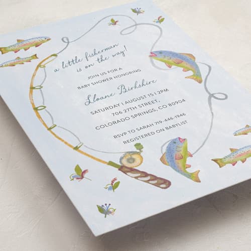 This is a lake baby shower postcards with standard by Sally Dayton called a little fisherman is on the way! printing on signature in postcard