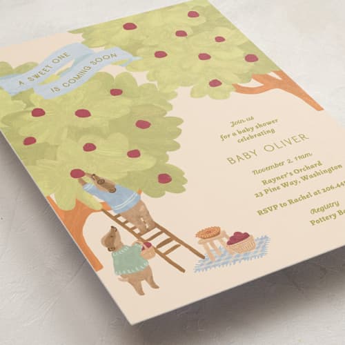 This is a blueberry baby shower postcards with standard by Natalie Rae called apple orchard printing on signature in postcard
