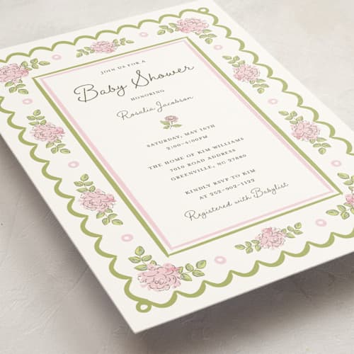 This is a rose baby shower postcards with standard by Holton Art and Design called garden rose doily printing on signature in postcard