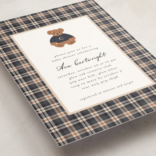 This is a navy baby shower postcards with standard by Erin German called teddy bear monogram printing on signature in postcard
