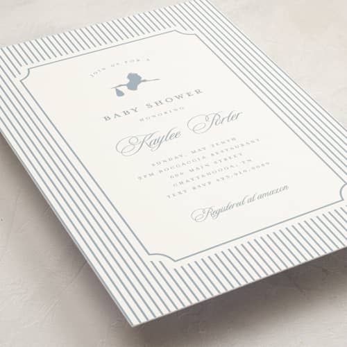 This is a dusty blue baby shower postcards with standard by Stacey Meacham called storybook stork printing on signature in postcard