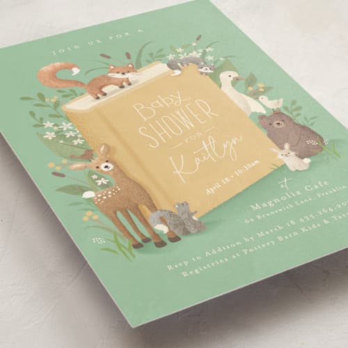 This is a mint baby shower postcards with standard by Jennifer Wick called storybook printing on signature in postcard