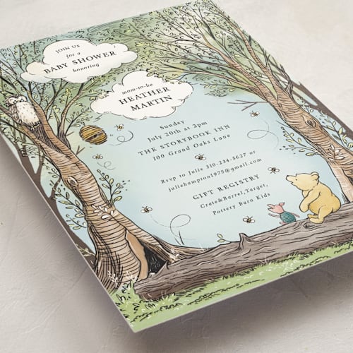 This is a sky baby shower postcards with standard by Becky Nimoy called disney's winnie the pooh in the wood printing on signature in postcard