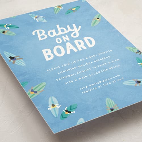 This is a aqua baby shower postcards with standard by Jessie Steury called baby on board printing on signature in postcard