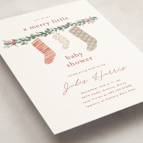 This is a cranberry baby shower postcards with standard by Rebecca Durflinger called merry little stockings printing on signature in postcard