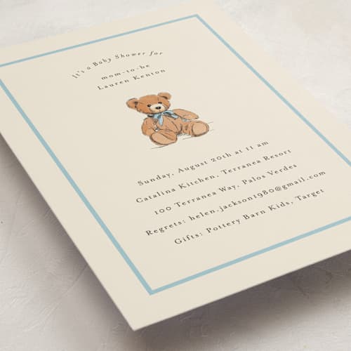This is a frost baby shower postcards with standard by Becky Nimoy called antique teddy bear printing on signature in postcard