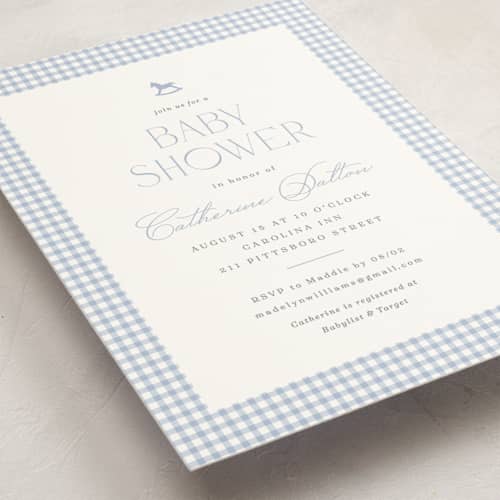 This is a baby blue baby shower postcards with standard by Olivia Raufman called gingham rockinghorse printing on signature in postcard