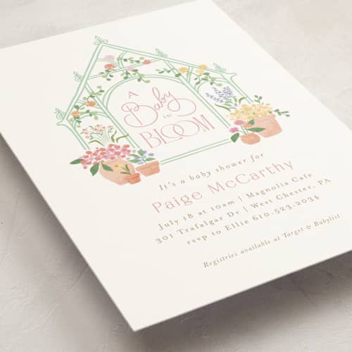 This is a strawberry baby shower postcards with standard by Jennifer Wick called petite greenhouse printing on signature in postcard